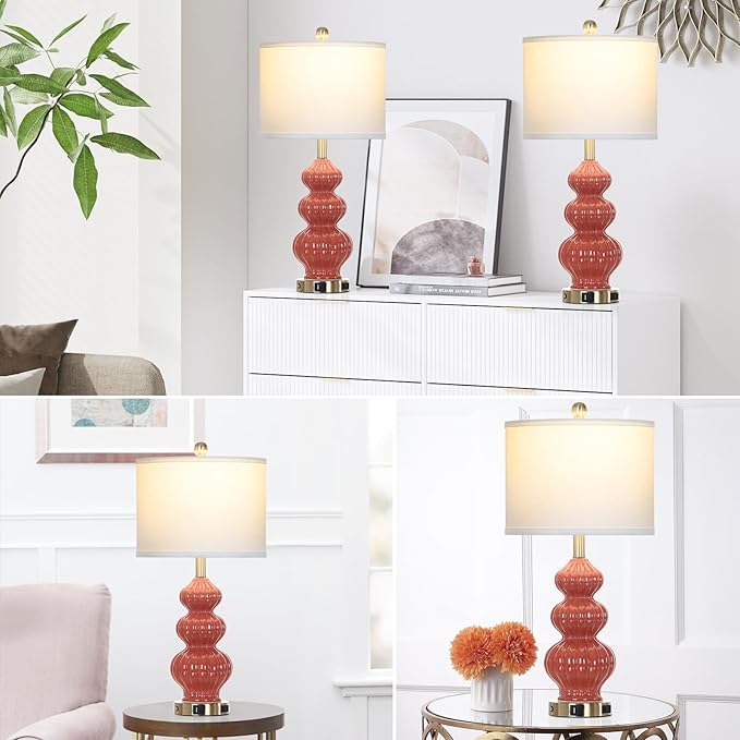 Triple Gourd Ceramic Table Lamps Set of 2, Modern Orange Bedside Lamps with USB A+C Ports & AC Outlet, 3 Way Touch Control Contemporary Nightstand Lamps for Bedroom Living Room
