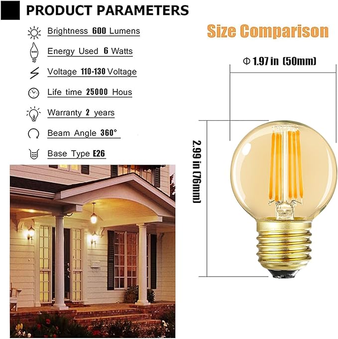 LEOOLS Dimmable G16.5 LED Bulbs,E26 Edison LED Light Bulbs,6W Equal 60 Watt Light Bulb,600lm,Amber Warm White 2700K,Globe Light Bulb for Pendant,Vintage LED Filament Edison Bulb With Decorative,6Pcs