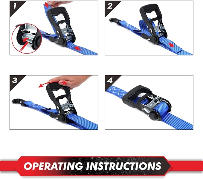 MOCA Blue Heavy Duty Ratchet Tie Down Straps - 5200 Lbs Breaking Strength 1.6" x 8', Includes 4 Heavy Duty Ratchet Padded Handles & Coated Chromoly S Hooks & 4 Soft Loop Tie-Downs