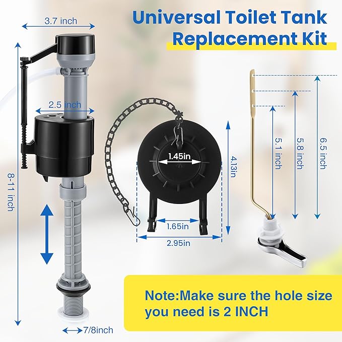 Saillong Universal Toilet Flusher Replacement Kit, Fill Valve, 2-Inch Flapper, Side Mount Handle Lever, Water-Saving, Adjustable Toilet Repair Kit Inside Tank, Easy to Install(1 Set,Dark Grey, Black)