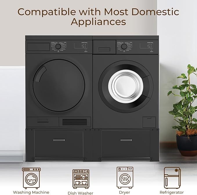 SKM 29" Washer & Dryer Pedestals with Drawer - 2 Pack Laundry Stand Raiser, 14.3" Height, Steel Construction, Black