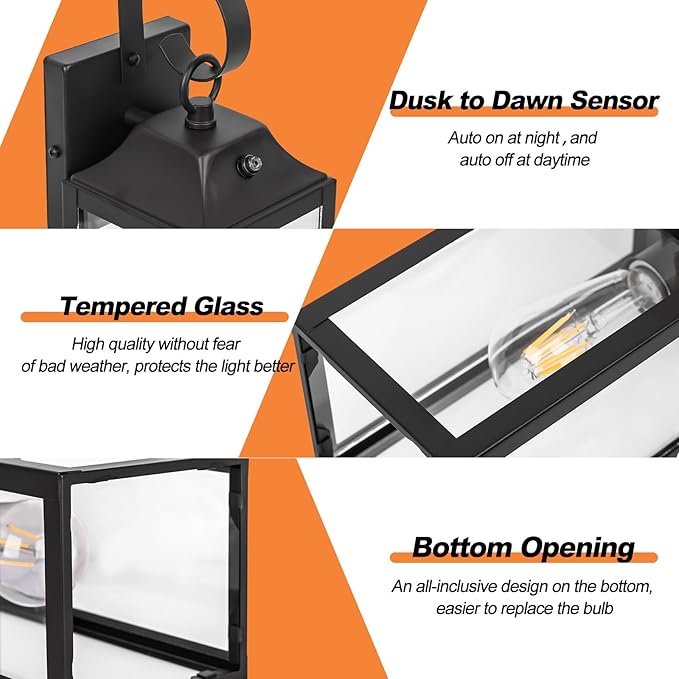 Dusk to Dawn Wall Lights 2 Pack, Black Outdoor Light Fixtures Wall Mount, 15 Inch Exterior Wall Sconces Waterproof, Large Outside Lights for House, Modern Wall Lanterns Clear Glass