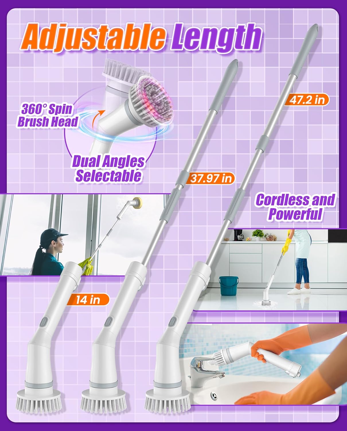 NBONEBS Electric Spin Scrubber, Cordless Shower Scrubber Rotary Floor Brushes & Pad Drivers with 6 Brush Heads - 2H Dual Speed, IPX7 Waterproof Extension Handle for Bathroom Tile Car Cleaning (White)