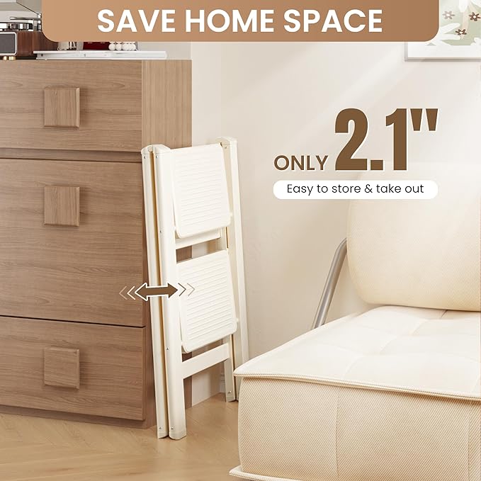 GameGem 2 Step Ladder Folding Step Stool with Wide Anti-Slip Pedal, 330LBS Capacity, Lightweight Portable Stepladder for Home and Kitchen Use, Cream White