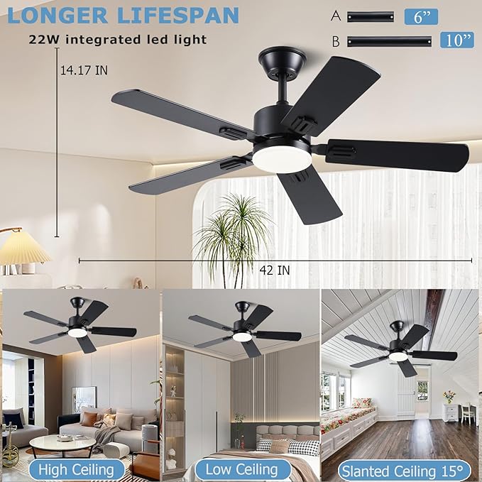 42 inch Modern Ceiling Fans with Lights APP/Remote Control, Low Profile Reversible 6 Speeds Ceiling Fan Light for Indoor/Outdoor Patio Bedroom Living Room,Black