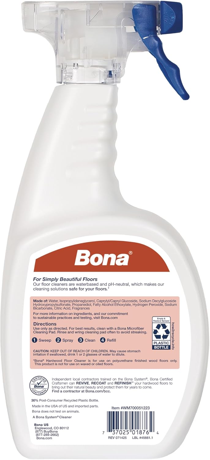Bona Hardwood Floor Cleaner Spray - 32 fl oz - Cedar Wood Scent - Refillable - Residue-Free Floor Cleaning Solution for Wood Floors