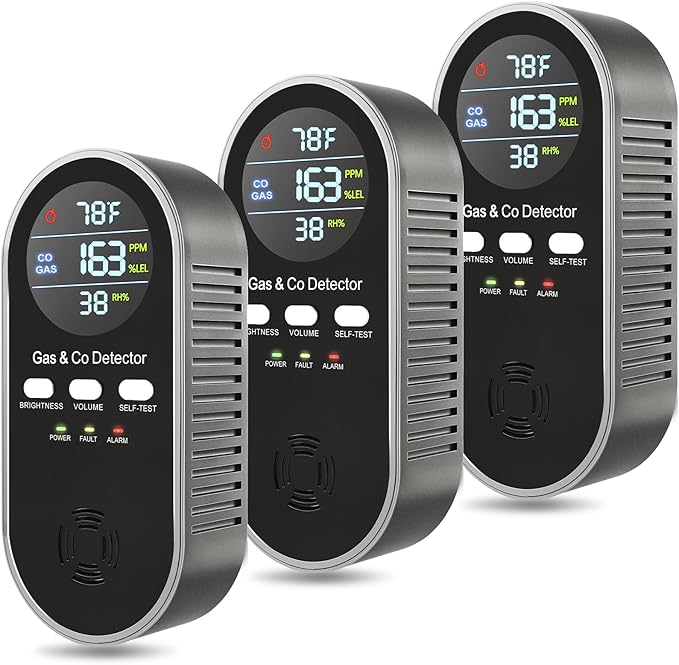5 in 1 CO & Combustible Gas Detector with Digital Display | Plug-in + 9V Battery Backup | Adjustable Alerts & Self-Test | Carbon Monoxide Detectors for Home, Kitchen, RV (3-Pack)