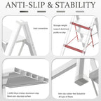 3 Step Lightweight Folding Ladder for Home, 330lbs Aluminum Step Ladder Anti-Slip for Kitchen, Step Stool Foldable Adults for Closet, 330lbs - White