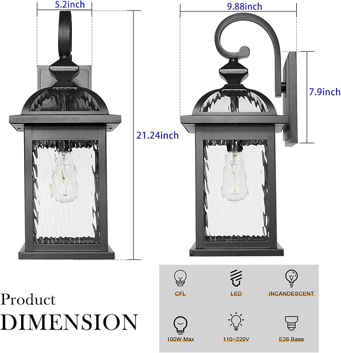 Darkaway 2pcs Outdoor Lights Fixtures Wall Mount, Large 22inch Outdoor Wall Sconce Lights with Water Ripple Glass Outside Exterior Lights Fixture for House Front Porch Patio