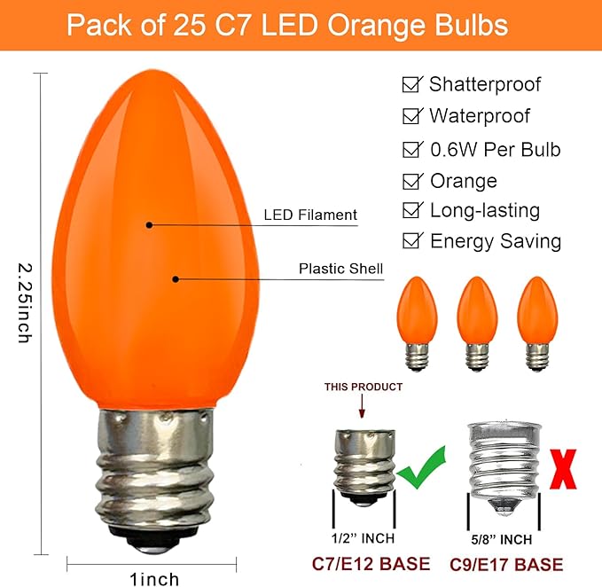 SUNSGNE C7 LED Christmas Orange Light Bulbs, 25 Pack Orange Replacemet Light Bulbs for Christmas Halloween Decor, E12 Candelabra Base, 0.6 Watt