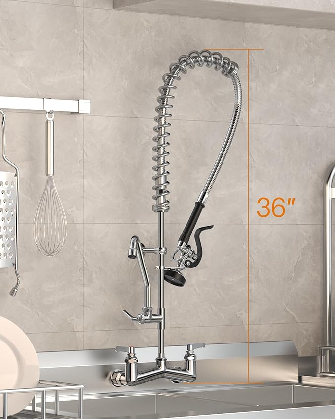 Commercial Sink Faucet Wall Mount with Pre Rinse Sprayer 8 inch Center Wall Mount Kitchen Sink Faucet 36" Height with 12" Add-on Swing Spout for 1/2/3 Compartment Sink-Round Sprayer