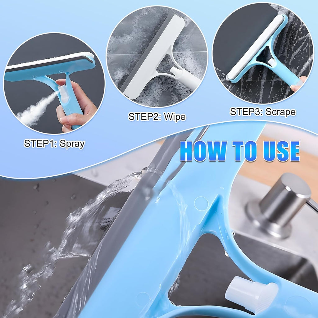 3 in 1 Window Cleaning Scraper, Cleaner Window Squeegee with Sprayer, Squeegee and Scrubber Spray Bottle Window Squeegee for Shower Glass,Mirrors,Car,Home,All-Purpose Window Cleaner Tool (Blue+White)