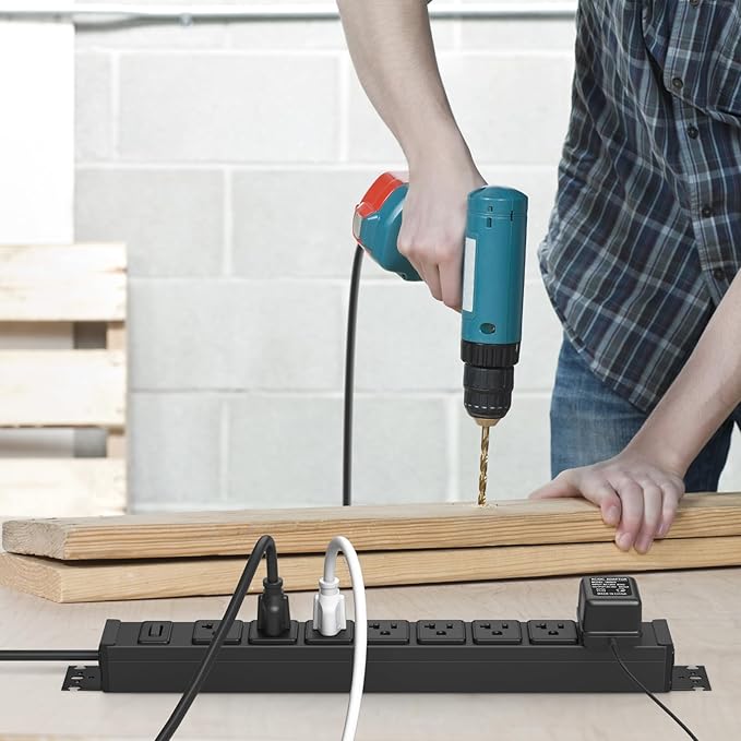 JUNNUJ Heavy Duty Power Strip Wall Mount, 20 Amp Surge Protector 1200J Metal 8 Outlet Under Desk Mounted 20A, Garage Power Table Socket Industrial Outlets 6-20R T-Slot, Black-6FT 12AWG Extension Cord