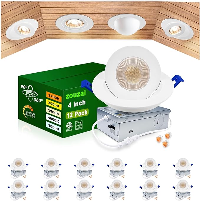zouzai 4 inch Gimbal Led Recessed Lights, 360°+90° Adjustable Directional Recessed Lighting, 2700K/3000K/3500K/4000K/5000K Dimmable Retrofit Eyeball Can Lights with Jbox,ETL(White,12 Pack)
