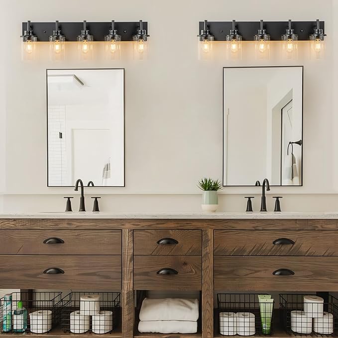 GoYeel Black Vanity Light Fixture 5 Light, Matte Black Bathroom Lighting Fixtures Over Mirror Bathroom Wall Light Modern Restroom Light Fixture Farmhouse with Clear Glass Shade