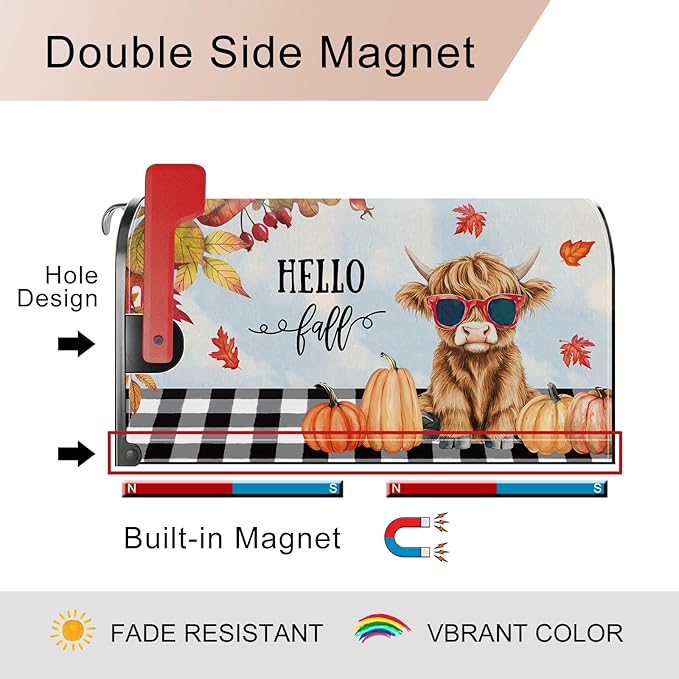 Fall Highland Cow Pumpkin Mailbox Cover Magnetic Standard Size 21x18 Inch Autumn Decorative Post Letter Box Wrap Decor Garden Yard Decoration
