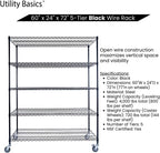 60"x24"x72" Black 5-Tier Premium Metal Wire Shelving NSF 4000 LBS MAX Capacity Heavy Duty Steel Storage Rack for Warehouse, Garage, Hospital, Commercial Space & School w/Premium Wheels
