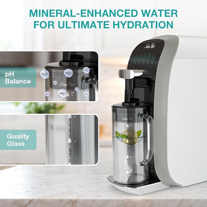 SimPure Y7T-A Countertop Reverse Osmosis Water Filter, NSF/ANSI 58 Certified, 100GPD 5 Stage RO Water Filtration System with pH+ Remineralization, Water Purifier with Glass Pitcher, No Installation