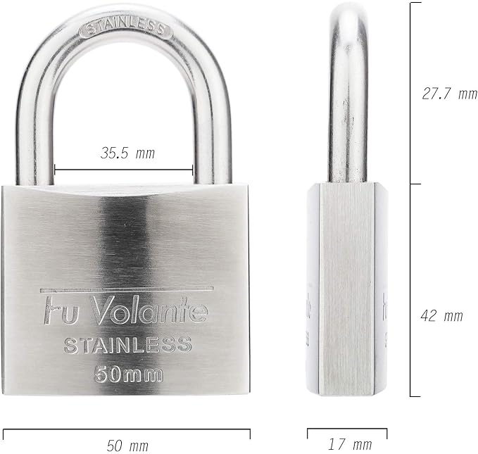 Stainless Steel Pin Tumbler Padlock, 304 Marine Series, Weatherproof Padlock for Outdoor use, 2 inch Wide Body, Keyed Different - Stainless Steel Body & Shackle