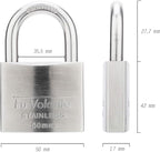 Stainless Steel Pin Tumbler Padlock, 304 Marine Series, Weatherproof Padlock for Outdoor use, 2 inch Wide Body, Keyed Different - Stainless Steel Body & Shackle
