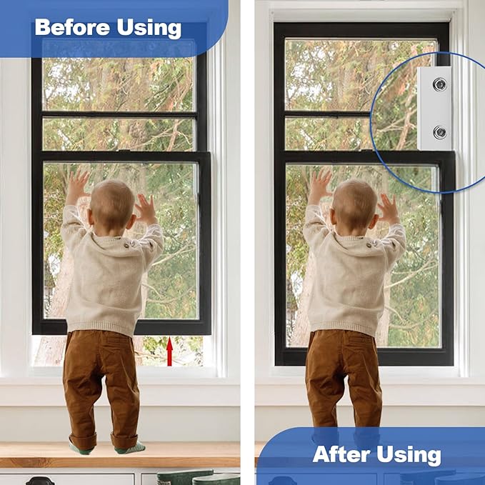 4 Sets Sliding Window Locks for Up and Down Windows with Key, Child Window Security Locks for Vertical & Horizontal Sliding Windows & Doors, Adjustable Easy to Install Window Stoppers Security