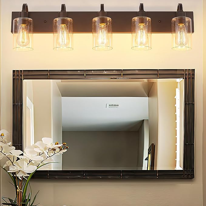Emliviar 5-Light Metal Bath Vanity Lighting Fixture, Farmhouse Wall Sconce Over Mirror with Clear Glass, Oil Rubbed Bronze Finish, YCE237B-5W ORB
