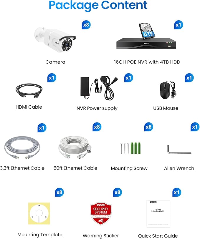 ZOSI 16CH 4K PoE Security Camera System,8pcs 8MP Outdoors Cameras,One-Way Audio,People Counting,Person/Vehicle Detection,Night Vision,16 Port 32CH NVR with 4TB HDD for Home Business 24/7 Recording