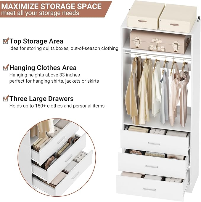 Freestanding 2FT Closet System with 3 Wood Drawers, 24" Closet Organizer System with Hanging Rod & Shelves, Walk-in Closet Systems for Small Closets, White (24"L x 15" W x 80" H)