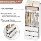 Freestanding 2FT Closet System with 3 Wood Drawers, 24" Closet Organizer System with Hanging Rod & Shelves, Walk-in Closet Systems for Small Closets, White (24"L x 15" W x 80" H)