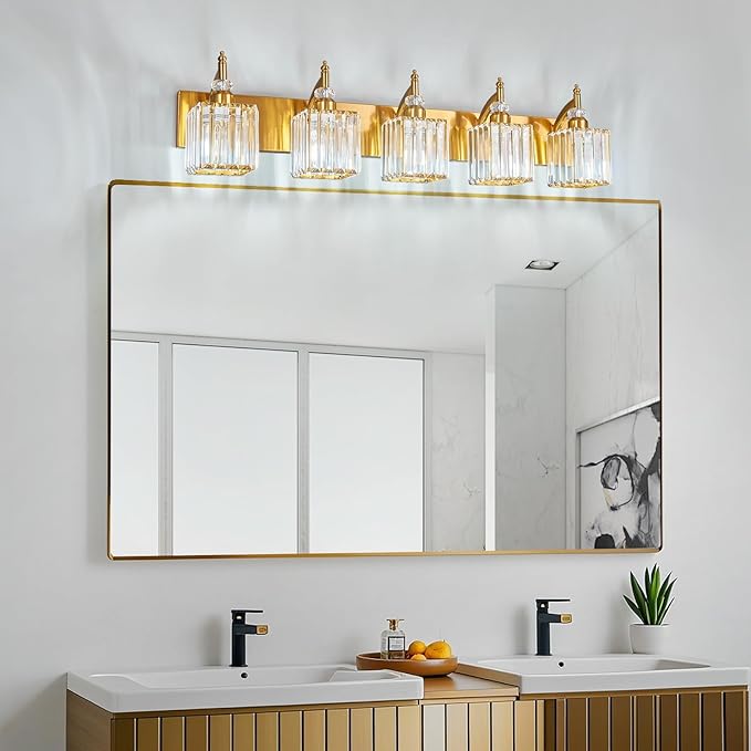 5-Light Crystal Vanity Lights - Gold, Modern Over-Mirror Bathroom Light Fixtures