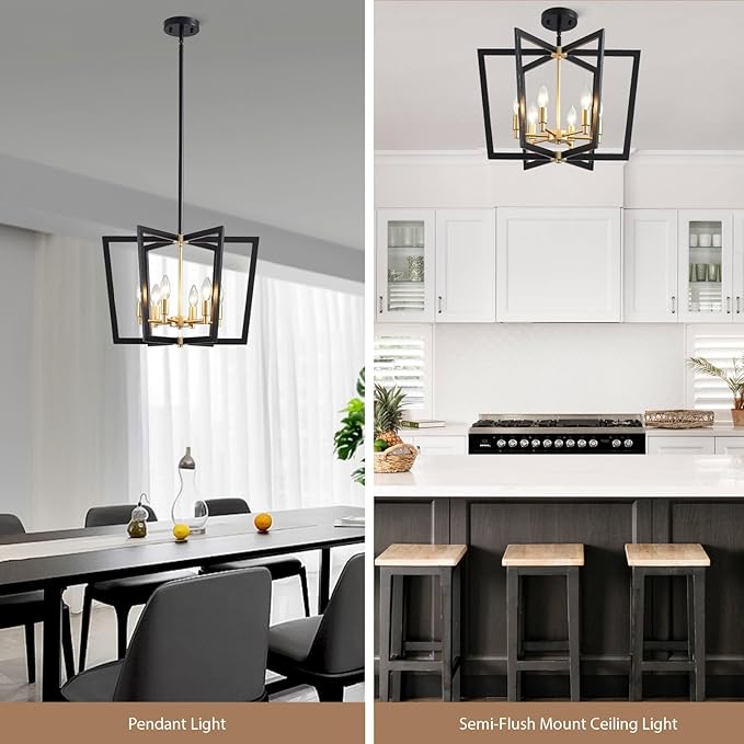 Modern Black Gold Chandelier 6-Light Farmhouse Geometric Pendant Lighting Fixture for Dining Room Living Room Kitchen Island Entryway Bedroom Office, 20" Ceiling Hanging Lamp