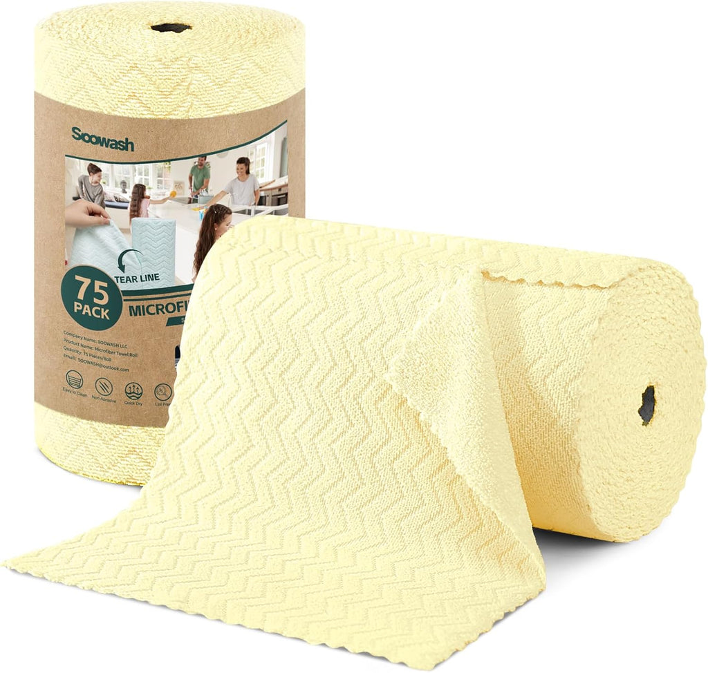 Microfiber Cleaning Cloths Roll, 75 Pack Tear Away Microfiber Towels Roll, 12" x 12" Lint Free Rags, Reusable Cleaning Cloths, Washable, Scratch Free,Ultra Absorbent Dish Rags(Yellow Ripple)