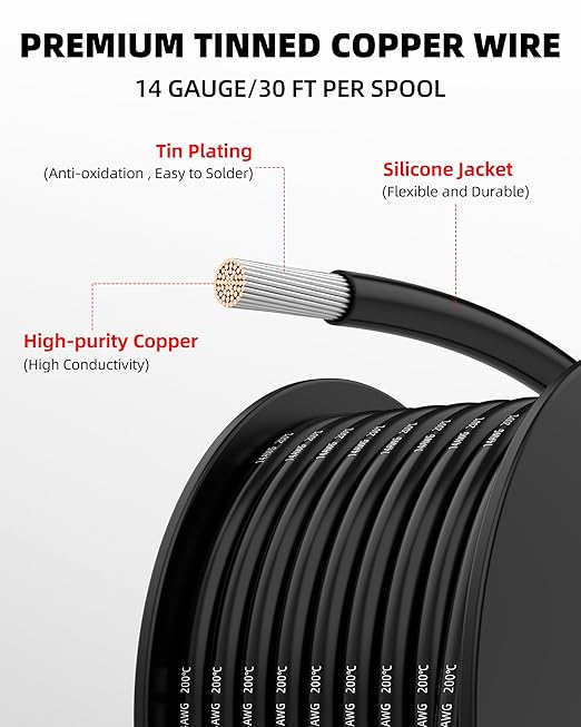 NAOEVO 14 Gauge Wire 300ft, 14 AWG Wire 6 Colors 50ft Each Spool, Flexible Silicone Tinned Copper Electrical Cable, Wiring kit for Breadboard/Automotive/DIY/Battery, 200℃