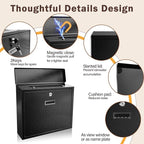 Wall Mount Mailbox, Black Powder Coated Steel, Locking Security Mailbox for Letters and Parcels, 14 x 3.8 x 12.5 Inches