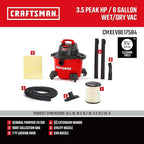 CRAFTSMAN CMXEVBE17584 6 Gallon 3.5 Peak HP Wet/Dry Shop Vac, Portable Shop Vacuum Wet and Dry with Filter, Dust Bag, Hose and Attachments for Home, Garage and Automotive Cleaning