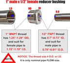 2 Pcs Reducer Hex Bushing, 304 Stainless Steel 1" Male NPT to 1/2" Female NPT（ 1"MNPT - 1/2"FNPT） Pipe Fitting Hex Bushing, Heavy Duty Pipe Fitting Reducer Adapter