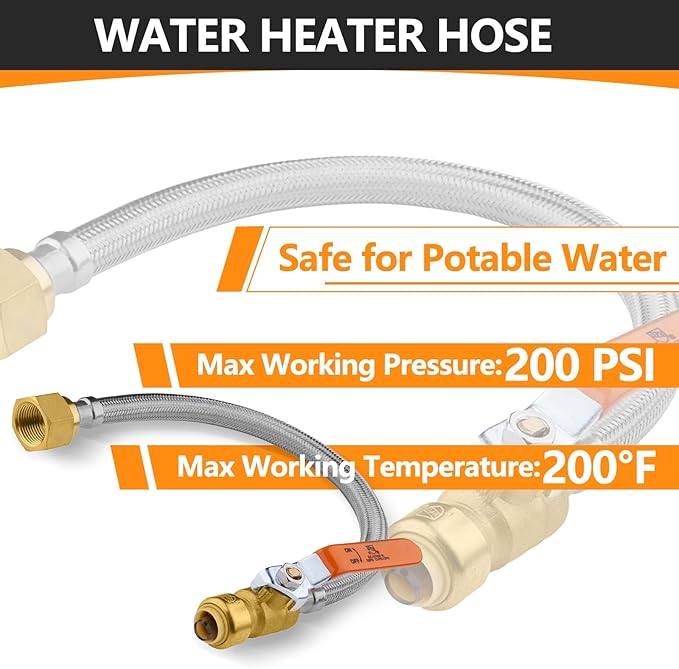 2-Pack HeSun 24-Inch Push-Fit Ball Valve Water Heater Connector, Push-to-Connect 1/2" x 3/4" FIP, Stainless Steel Flexible Heater Hose(HOSE029-2)
