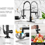 Smart Kitchen Faucet, 3 Modes Pull Down Sprayer, LED Temperature Control, Ceramic Valve,360-Degree Rotation,1 or 3 Hole Deck Plate, Double Spout. 10-Year Warranty. (KW-05GR. Brushed Gold/Black)