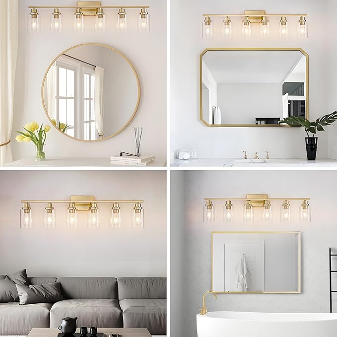 6 Light Gold Bathroom Light Fixtures Brushed Brass Vanity Light Over Mirror Modern Wall Lighting Sconces Wall Lamp for Bathroom, Bedroom, Living Room E26 Socket with Glass Shade