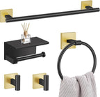 5-Piece Black Gold Bathroom Hardware Set, SUS304 Stainless Steel Bathroom Accessories Set 23.6 inches Towel Bar, Toilet Paper Holder with Shelf, Towel Ring and Two Towel Hooks Wall-Mounted