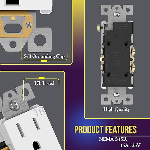 ENERLITES Decorator Receptacle, Tamper-Resistant Wall Outlet, Gloss Finish, Residential Grade, 3-Wire, Self-Grounding, 2-Pole, 15A 125V, UL Listed, 61501-TR-W-40PCS, White (40 Pack)