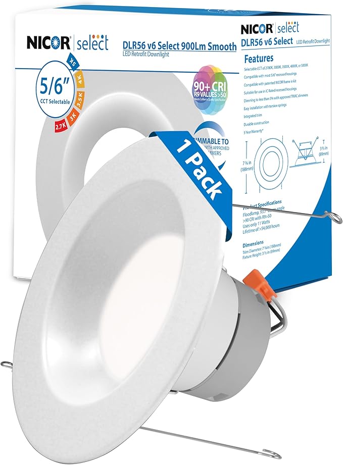 NICOR DLR56609120SWH DLR56(v6) 5/6-inch White 900 Lumen Selectable Recessed LED Downlight