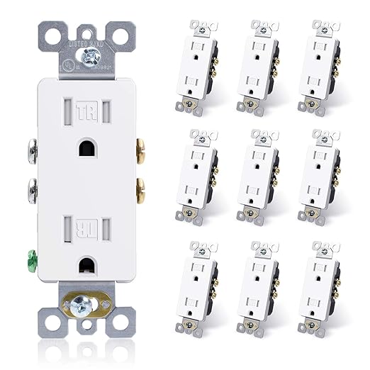 ELEGRP Decorator Wall Receptacle Outlet, Tamper Resistant 15 Amp Standard Electrical Wall Outlet, Residential Grade, Self-grounding, 125V, 2 Pole 3 Wire, 5-15R, UL Listed, Glossy White, 10 Pack