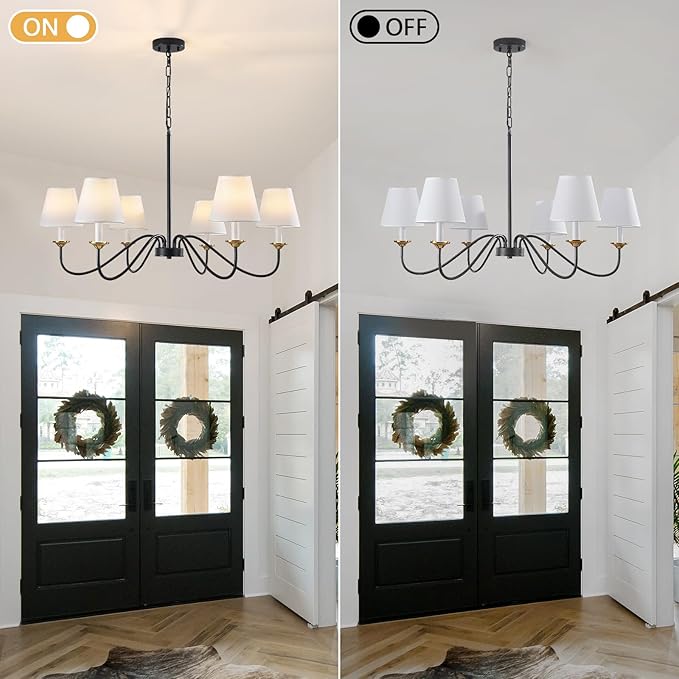 Vintage Chandelier Farmhouse Chandelier for Dining Room - 6 Lights 35.8" Modern Light Fixture, Adjustable Pendant Lighting for Living Room Hallway Bedroom Foyer Black with White Fabric Shade