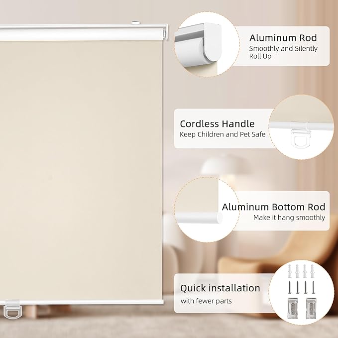 ChrisDowa Cordless Blackout Roller Shades for Windows, Thermal Insulated UV Protection Pull Down Shades, Total Blackout Window Blinds for Home, Office, Bedroom, Door (62" W x 72" H, Beige)