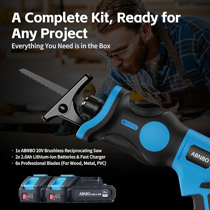 20V Cordless Reciprocating Saw, Brushless Electric Saw with 2 x 2.0Ah Batteries and 6 Blades,Tool-Free Blade Change, Portable Power Reciprocating Saw for Cutting Wood, Metal, PVC