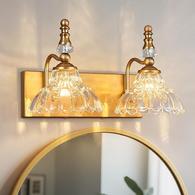 Vintage Bathroom Vanity Light, 2-Light Brass Vanity Lighting Fixture with Flower Glass Shade, Bathroom Lighting Fixtures Over Mirror