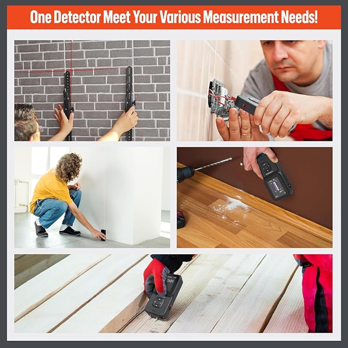 LifeBasis Stud Finder 5 in 1 Wall Scanner for Metal, Wood, Pipe, AC Wires, Measuring Tool for Length, Area, Volume, Stud Beam Detector USB Moisture Meter with Thermal Imager Screen and Alarm- Black