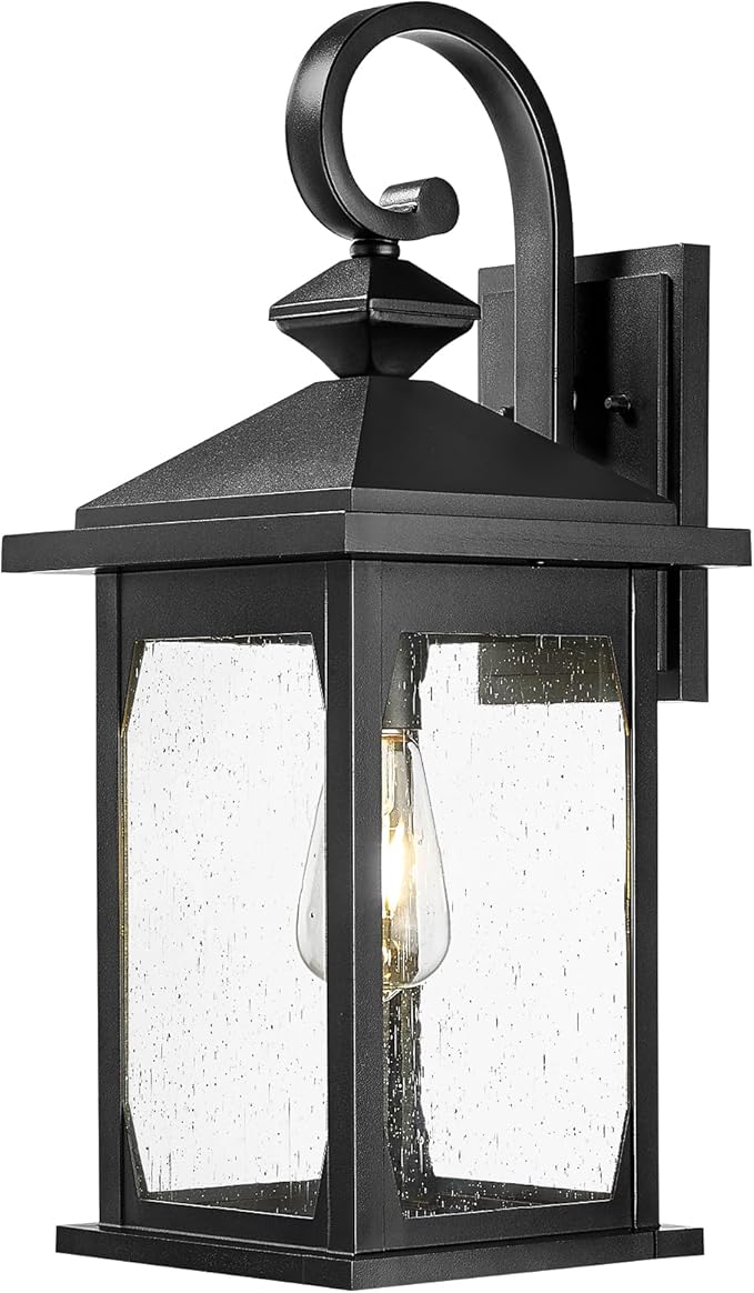 zeyu Large Farmhouse Outdoor Wall Light, 21 Inch Exterior Porch Light Fixture for Front Porch Garage, Die-Cast Aluminum with Seeded Glass, Black Finish, ZD99B-M BK