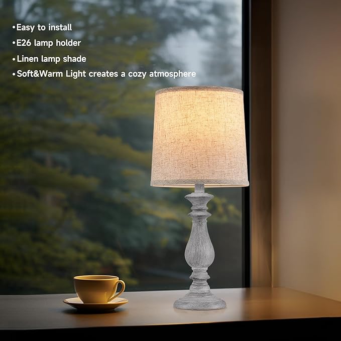 Lamps Set of 2 Vintage Rustic Farmhouse Table Lamps Bedside Reading Lamp Bedroom Nightstand Living Room Teapoy Lamp, Desk Light, 22 Inch High,Light Grey, with Fabric Shade, Bulb Not Included